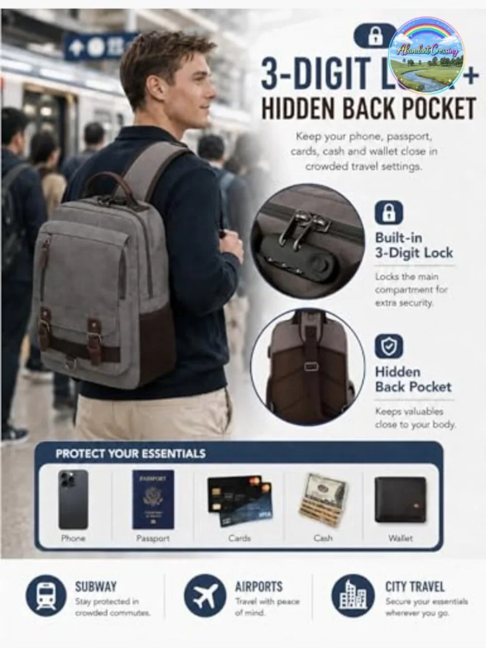 Canvas Messenger Bag with USB Charging Port, Anti-Theft